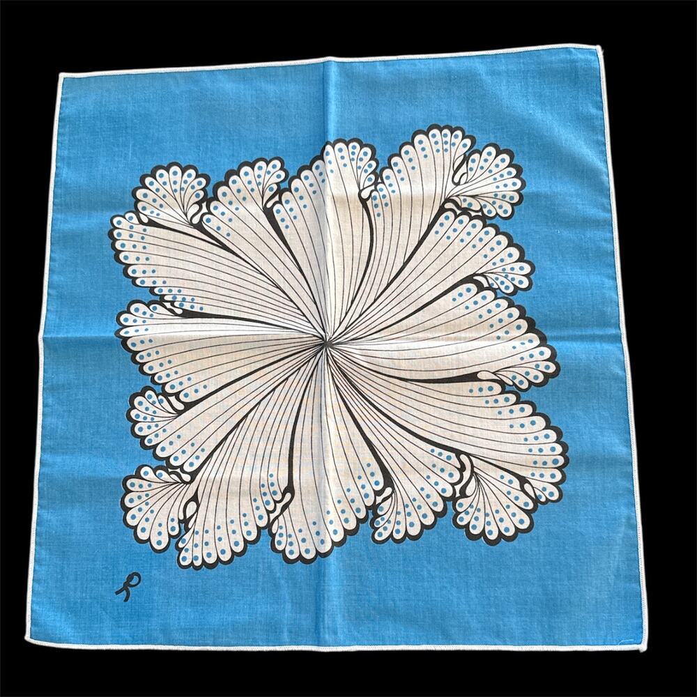 Set of 4 Mid Century Modern Cotton Napkins Blue Floral Print 17x17 Vintage